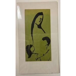 Vintage mid century linoleum block print art family
